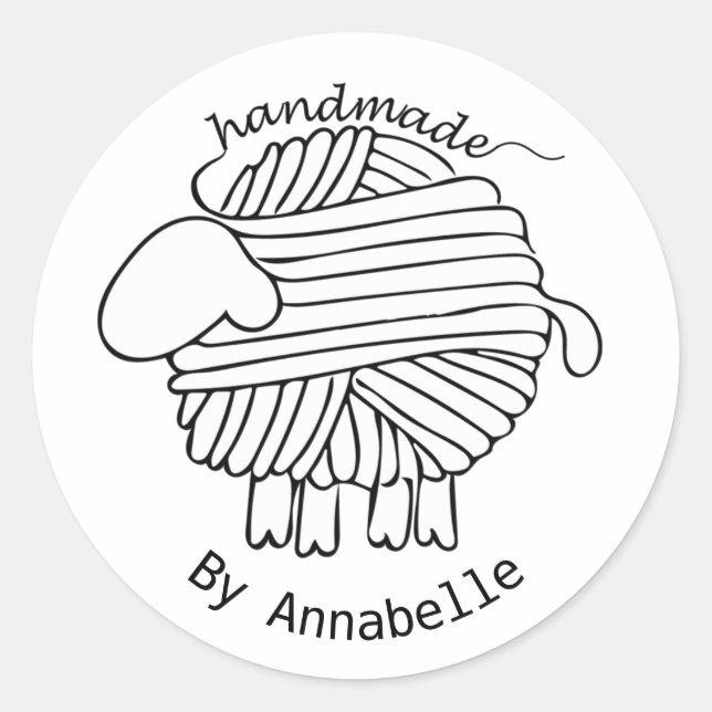 Redonda Pegatina de ovejas yarn 'hecho a mano' personaliza (Anverso)