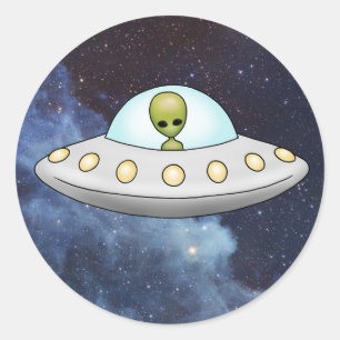 Redonda Pegatina de OVNI de Flying Saucer Alien