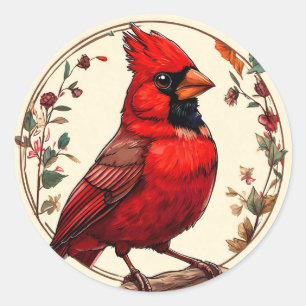 Redonda Pegatina de pájaro cardenal floral naturaleza