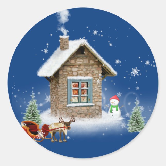 Redonda Pegatina de pequeña casa de Navidad (Anverso)