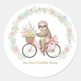 Redonda Pegatina de perezoso en acuarela y bicicleta rosa