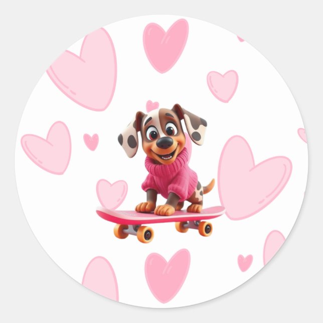 Redonda Pegatina de perro en monopatín para San Valentín (Anverso)