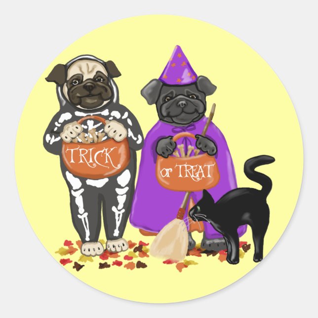 Redonda Pegatina de Personalizable de halloween Pugs de tr (Anverso)