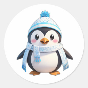 Redonda Pegatina de pingüino con bufanda y nieve