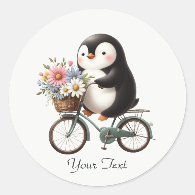 Redonda Pegatina de pingüino de bicicleta floral (Anverso)