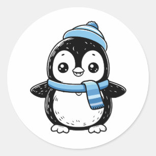 Redonda Pegatina de pingüino de invierno adorable Pingüi