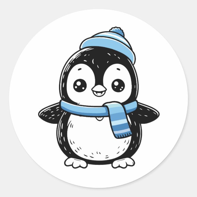 Redonda Pegatina de pingüino de invierno adorable | Pingüi (Anverso)