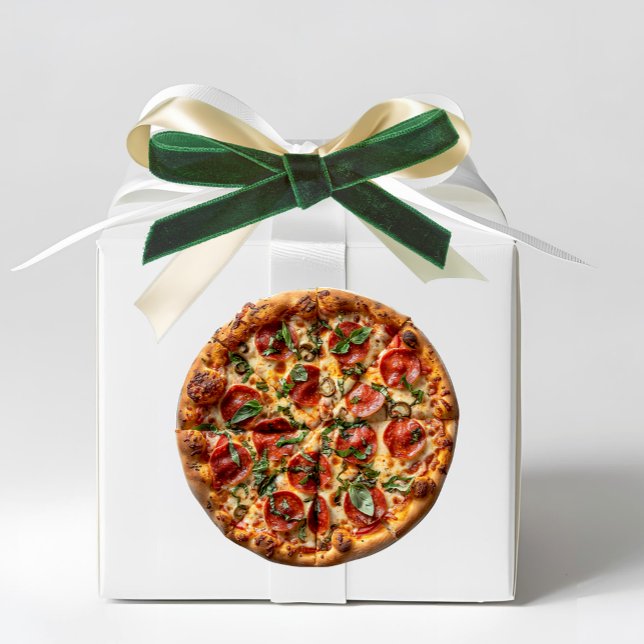 Redonda Pegatina de Pizza de Pepperoni con Albahaca (Pepperoni and Basil Pizza Sticker - Italian & Sicilian Heritage Gift Favor accent)