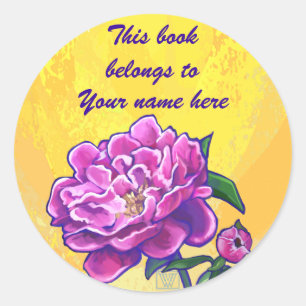 Redonda Pegatina de placa de biblioteca de Peony Rosa