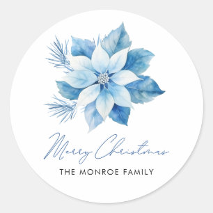 Redonda Pegatina de Poinsettia Azul Feliz Navidad