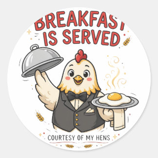 Redonda Pegatina de pollo divertido que sirve el desayuno