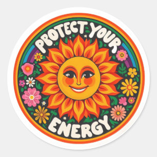 Redonda Pegatina de Protege Tu Energía - Sol Groovy Retro 