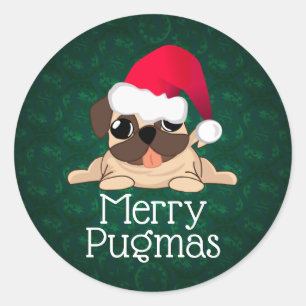 Redonda Pegatina de Pug de Navidad, 3 pulgadas (hoja de 6)