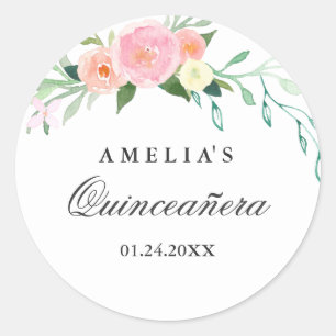 Redonda Pegatina de Quinceañera con Acuarela Floral Botáni