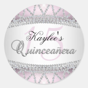 Redonda Pegatina de Quinceañera con Diamante Plateado y Ro