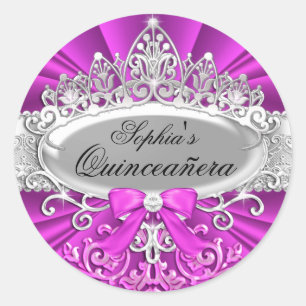 Redonda Pegatina de Quinceañera con Tiara Rosa y Damasco