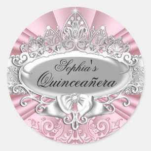 Redonda Pegatina de Quinceañera con Tiara Rosa y Damask