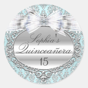 Redonda Pegatina de Quinceañera de Arco Azul y Plata