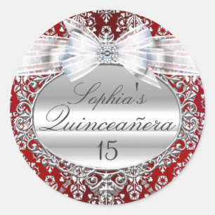 Redonda Pegatina de Quinceañera de Arco Rojo y Plata
