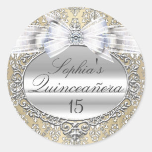 Redonda Pegatina de Quinceañera de crema y lazo de plata