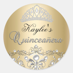 Redonda Pegatina de Quinceañera de Damasco de Perla de Pla