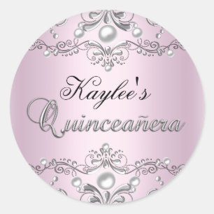 Redonda Pegatina de Quinceañera de Damasco de Perla Platea