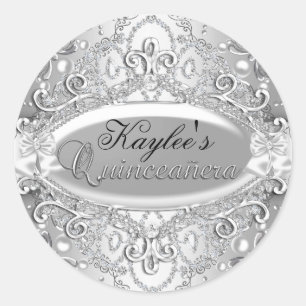 Redonda Pegatina de Quinceañera de Damasco de Perla Platea