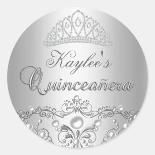 Redonda Pegatina de Quinceañera de Damasco de Plata Perla