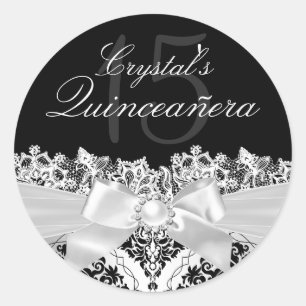 Redonda Pegatina de Quinceañera de Damasco y Lazo de Plata