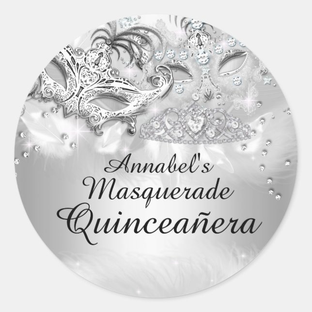 Redonda Pegatina de Quinceañera de Máscara de Brillo de Pl (Anverso)