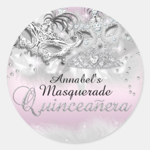 Redonda Pegatina de Quinceañera de Purpurina Plateada Rosa