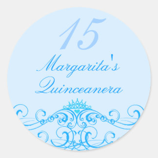 Redonda Pegatina de Quinceañera de Tiara Azul