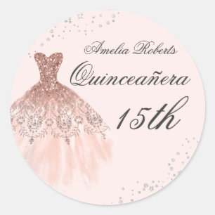 Redonda Pegatina de Quinceañera de vestido brillante en or