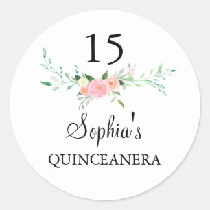 Redonda Pegatina de Quinceañera floral de acuarela rosa du