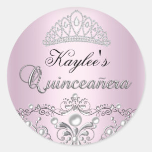 Redonda Pegatina de Quinceañera Perla Damask Rosa y Platea
