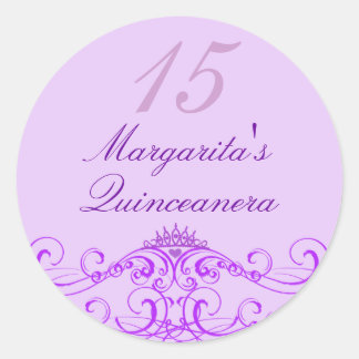 Redonda Pegatina de Quinceañera Princesa Tiara Púrpura