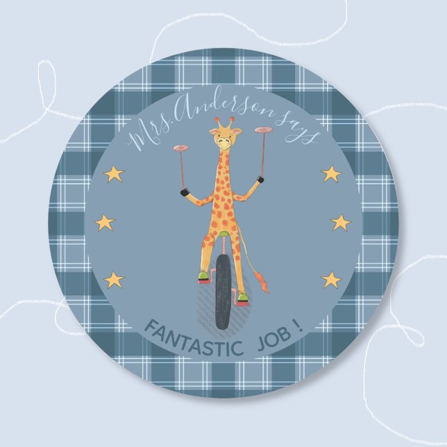Redonda Pegatina de recompensa para estudiantes de jirafa  (Circus cartoon giraffe blue round student reward sticker with teacher's name .)