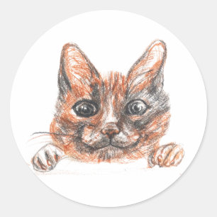 Redonda Pegatina de redondeo clásico del dibujo del gato,