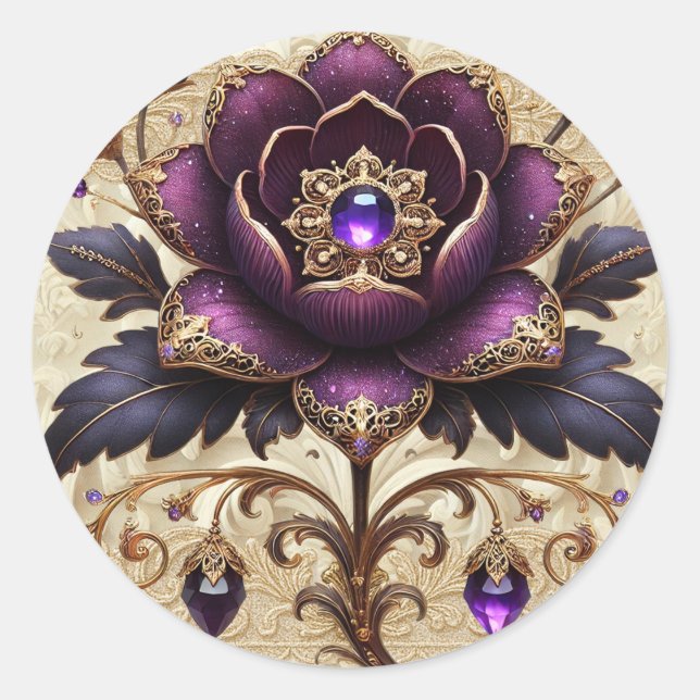 Redonda Pegatina de redondeo floral con joyas moradas (Anverso)