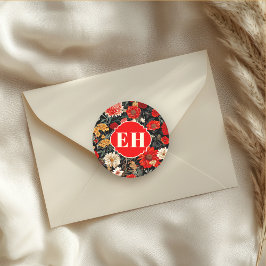 Redonda Pegatina de redondeo floral rojo y crema oscuro