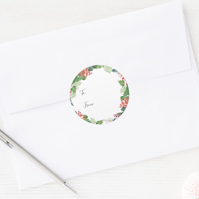 Redonda Pegatina de regalo botánico de vacaciones (Watercolor Greenery and Red Berries Holiday Botanical Gift Sticker by Painted Paperie
)