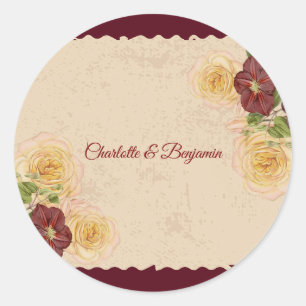 Redonda Pegatina de regalo de boda elegante vintage borgoñ