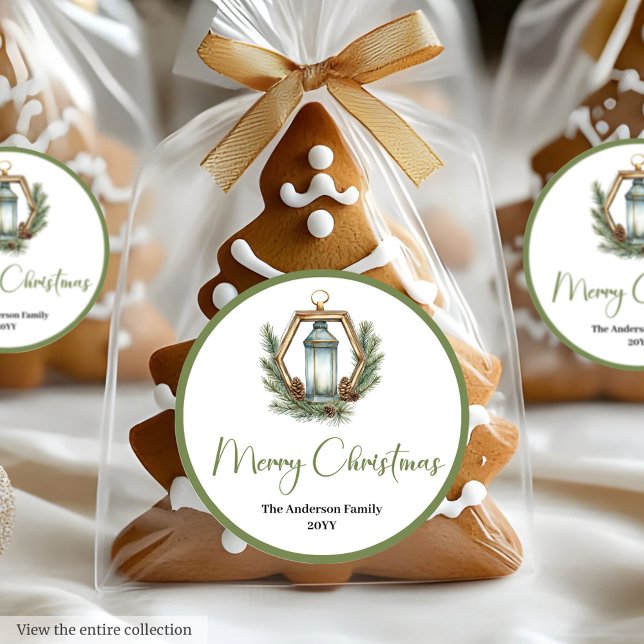 Redonda Pegatina de regalo de linterna de Navidad boho bot (Boho Botanical Christmas Lantern Gift Sticker)