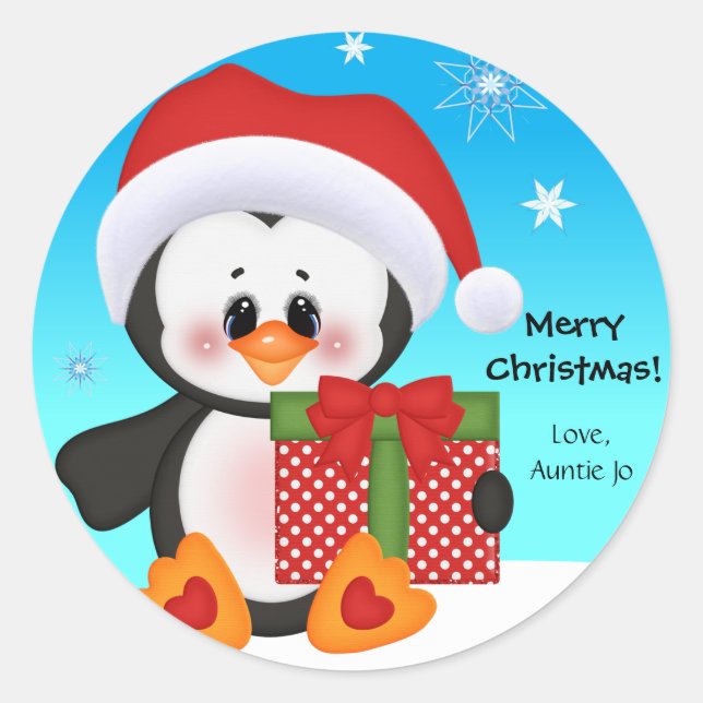 Redonda Pegatina de regalo de Navidades de pingüino de pel (Anverso)