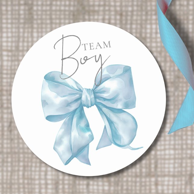 Redonda Pegatina de Revelación de Género Team Boy Blue Bow (Blue Bow Team Boy Gender Reveal Sticker)