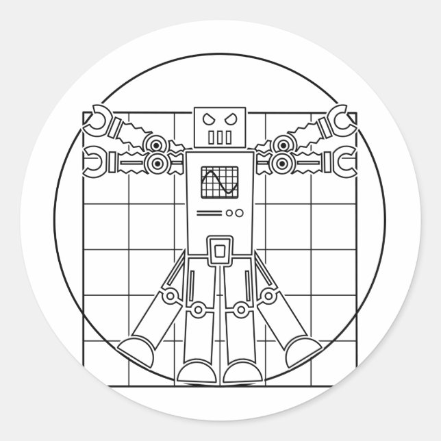 Redonda Pegatina de Robot Vitruviano Da Vinci (Anverso)