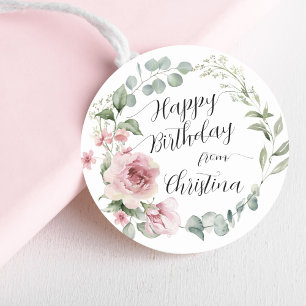 Redonda Pegatina de Rosas de cumpleaños feliz
