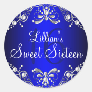 Redonda Pegatina de Royal Blue Silver Pearl Damask Sweet 1