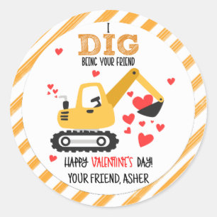 Redonda Pegatina de San Valentín de amigo Excavadora I Dig