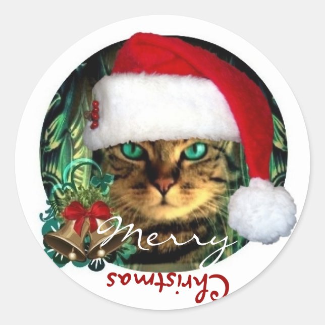 Redonda Pegatina de Santa Cat Feliz Navidad (Anverso)